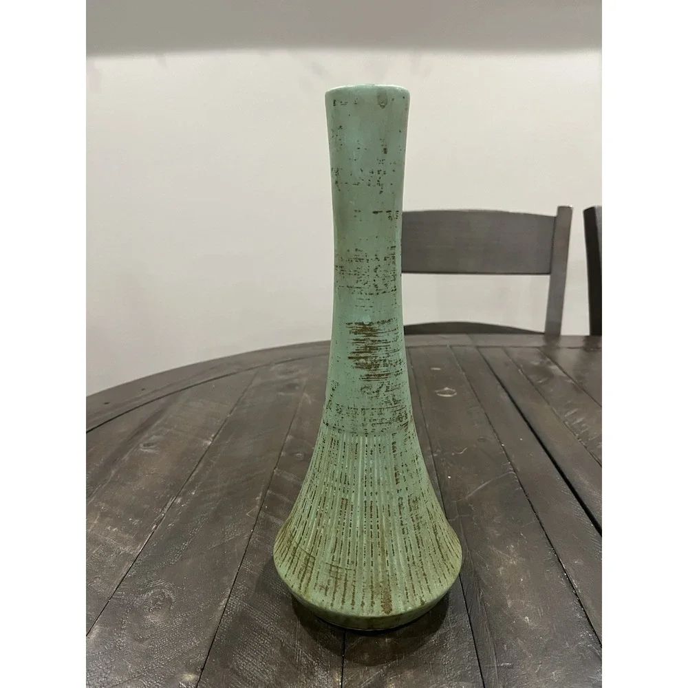 Vtg McCoy Pottery Classic Ribbed Line Green‎ Brown Vase 12.5